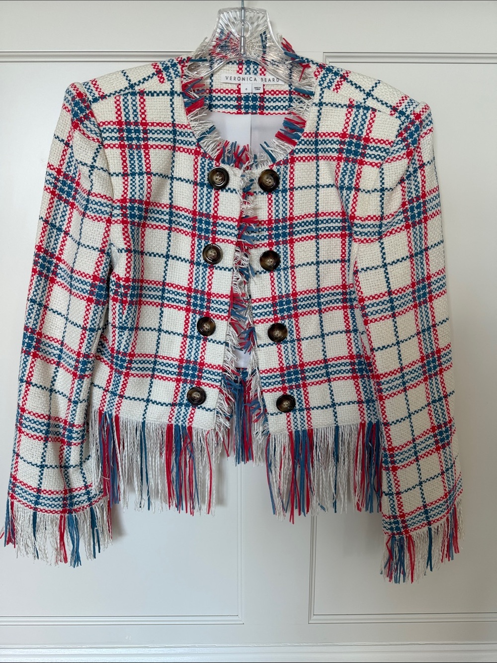 Veronica Beard Cotton Blend Fringe Tweed Plaid Jacket